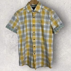 Daniel Hechter Plaid‎ Shirt Short Sleeve Mens Size Medium Cotton Cuffed Yellow M